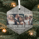 3 Foto Passen getrouwd Merry & Married Gray Faux H Glas Ornament<br><div class="desc">Viel een vrolijke 1st vakantie als nieuwigheden met een aangepast 3 fotocollage "Merry & Married" faux grijs bos hexagon-vormig ornament. Afbeeldingen en formuleringen op deze sjabloon zijn eenvoudig te personaliseren. (AFBEELDING PLACEMENT TIP: Een gemakkelijke manier om een foto precies te centreren hoe u wilt is het te bebouwen alvorens aan...</div>