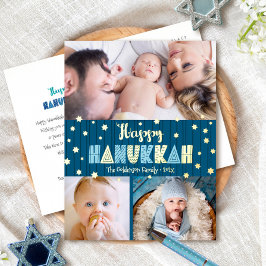 3 Foto Prettig Hanukkah Leuk Type Blauw Echt Goud Folie Feestdagen Briefkaart