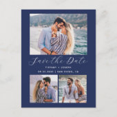 3 Foto QR Code Navy Blauwe Save the Date Briefkaart (Voorkant)
