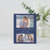 3 Foto QR Code Navy Blauwe Save the Date Briefkaart (Staand voorkant)
