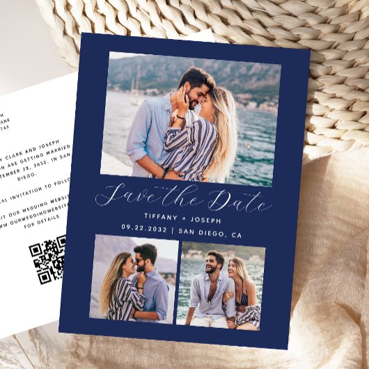 3 Foto QR Code Navy Blauwe Save the Date Briefkaart
