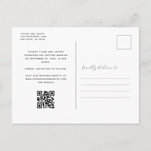 3 Foto QR Code Navy Blue Save the Date Briefkaart (Achterkant)