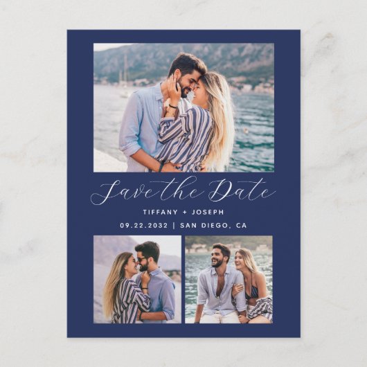 3 Foto QR Code Navy Blue Save the Date Briefkaart (Voorkant)