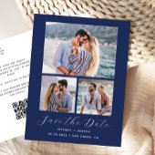 3 Foto QR Code Navy Blue Save the Date Briefkaart