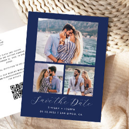 3 Foto QR Code Navy Blue Save the Date Briefkaart