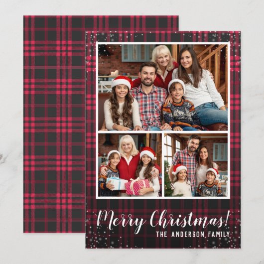 3 Foto Red Pset Rustic Kerstfeestdag Feestdagenkaart (Voorkant / Achterkant)