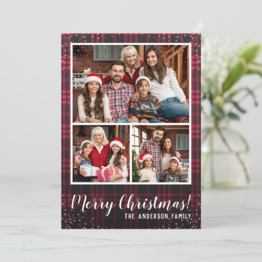 3 Foto Red Pset Rustic Kerstfeestdag Feestdagenkaart (Staand voorkant)