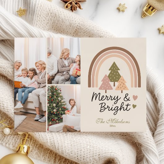 3 Foto Retro Neutral Rainbow Merry & Bright Feestdagenkaart
