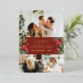 3 foto rood botanisch gebladerte vrolijk kerstfees folie feestdagenkaart (Staand Voorkant)