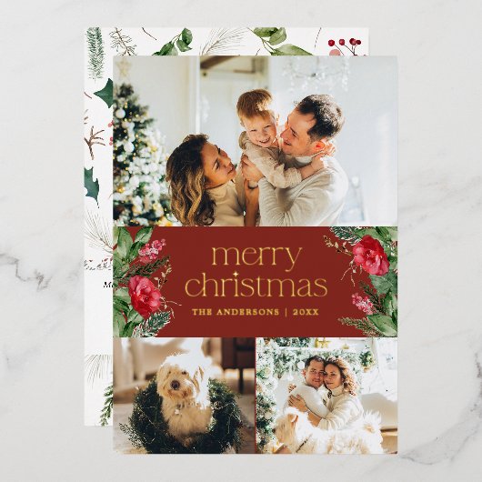 3 foto rood botanisch gebladerte vrolijk kerstfees folie feestdagenkaart (Voorkant / Achterkant)