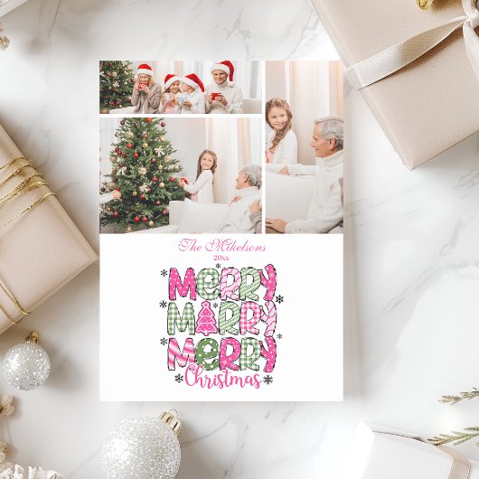 3 Foto Roze Groen Vrolijk Kerstfeest Feestdagenkaart