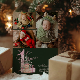 3 Foto Roze Groene Baby Eerste Kerstdag Feestdagenkaart