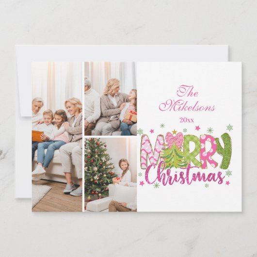 3 Foto Roze Groene Boog Boom Vrolijk Kerstfeest Feestdagenkaart (Voorkant)