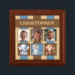 3 foto schattige dieren naam blauw bruin aandenken cadeaudoosje<br><div class="desc">Keepsake Gift Box voor kinderen. Vervang de 3 foto's door je eigen en voeg een naam toe. Bruin,  blauw en crème,  met strepen en schattige babydieren.</div>