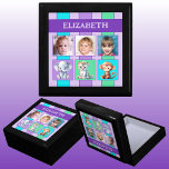 3 foto schattige dieren naam paarse aandenken cadeaudoosje<br><div class="desc">Keepsake Gift Box voor kinderen. Vervang de 3 foto's door je eigen en voeg een naam toe. Paarse,  groene en turquoise,  met strepen en schattige babydieren.</div>