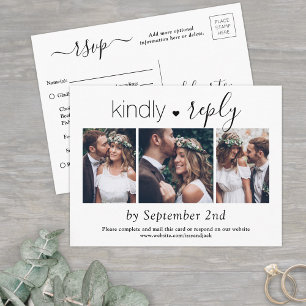 3 Foto Simple Script Elegant Wedding Kindly RSVP Uitnodiging Briefkaart
