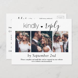 3 Foto Simple Script Elegant Wedding Kindly RSVP Uitnodiging Briefkaart