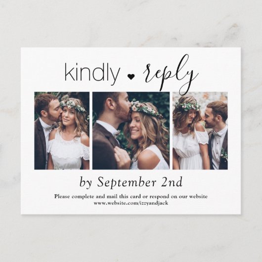3 Foto Simple Script Elegant Wedding Kindly RSVP Uitnodiging Briefkaart (Voorkant)