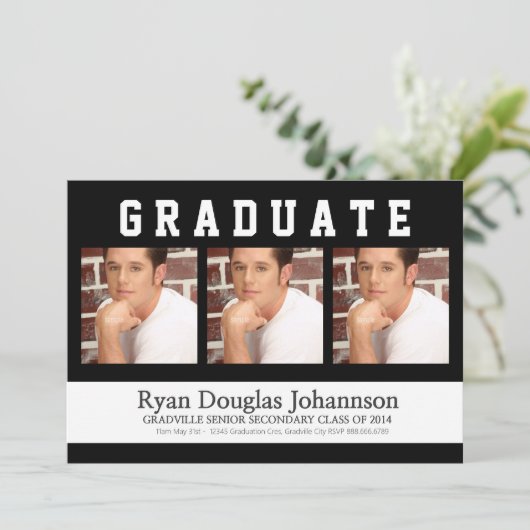 3 Foto Sporty Male Graduparty Kaart (Staand voorkant)
