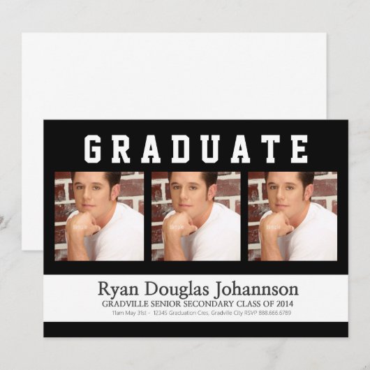 3 Foto Sporty Male Graduparty Kaart (Voorkant / Achterkant)