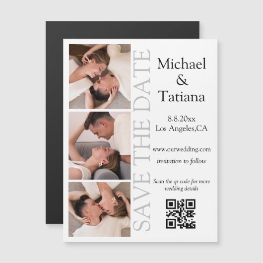 3 foto strook qr code save the date magnetische uitnodiging (Voorkant / Achterkant)