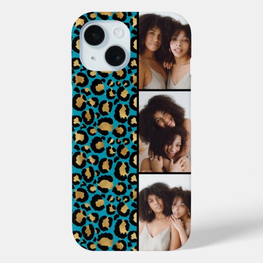 3 Foto Teal En Goud Luipaardprint Case-Mate iPhone Case (Achterkant)