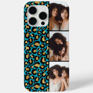 3 Foto Teal En Goud Luipaardprint iPhone 15 Pro Max Hoesje