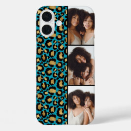 3 Foto Teal En Goud Luipaardprint iPhone 16 Plus Hoesje
