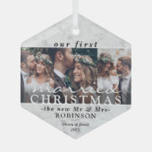 3 Foto van 1 gehuwd kerstfeest Modern Faux marmer Glas Ornament (Voorkant)