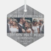 3 Foto voor het eerst gehuwd kerstgrijs faux hout Glas Ornament (Voorkant)