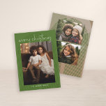 3 Foto Vrolijk Kerst Abstracte Lijnen Handgeschrev Feestdagenkaart<br><div class="desc">Een zachte groene kleur met een trendy booglijnpatroon en een plek voor één verticale foto aan de voorkant en 2 horizontale foto’s aan de achterkant. Gebruik 3 foto's en maak een unieke en trendy Merry Christmas groet. Er is een downloadoptie beschikbaar als u dit jaar kaarten digitaal wilt verzenden of...</div>