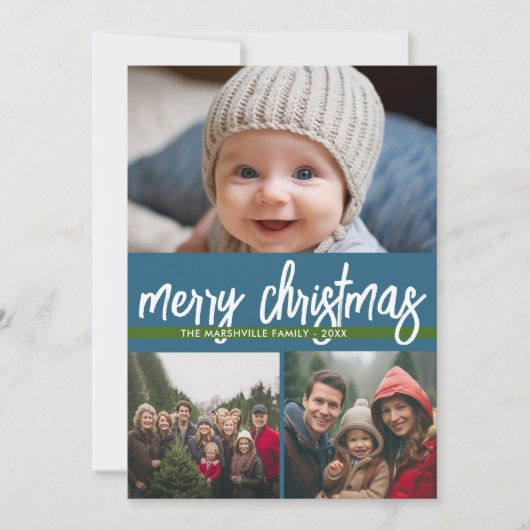 3 Foto Vrolijk kerstfeest - blauwe groene retro st Feestdagenkaart (Voorkant)