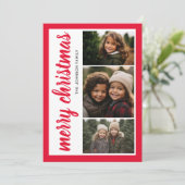 3 Foto Vrolijke Kerstmis Rode Rand - Kalligrafie Feestdagenkaart (Staand voorkant)