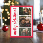 3 Foto Vrolijke Kerstmis Rode Rand - Kalligrafie Feestdagenkaart<br><div class="desc">Een ontwerp dat 3 foto's bevat met een rustieke moderne kalligrafie en grote vakantiegroet. De rug bevat een waterverf warrig patroon.</div>