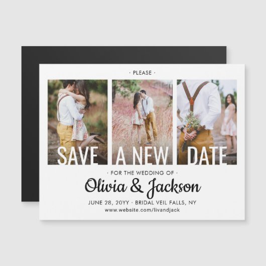 3 Foto Weddenschap Postpone | Wijziging | Datum op Magnetische Uitnodiging (Voorkant / Achterkant)