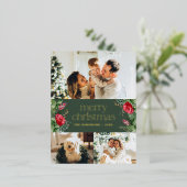 3 Foto Winter Botanisch Groen Vrolijk Kerstfeest Folie Feestdagen Briefkaart (Staand Voorkant)
