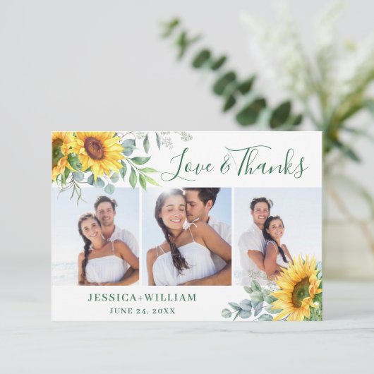 3 FOTO Zonnebloemen Eucalyptus Rustic Wedding Bedankkaart (Staand voorkant)