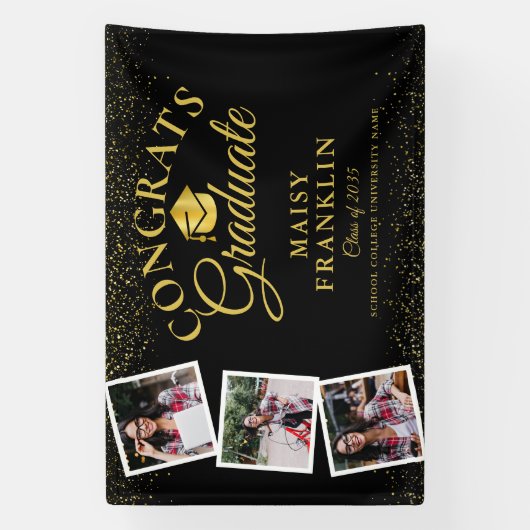 3 foto zwart en goud glitter afstudeerfeest spandoek (Verticaal)