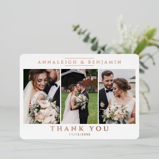 3 Fotobruiloft Hartelijk dank Modern Roos Gold Folie Uitnodiging (Staand Voorkant)