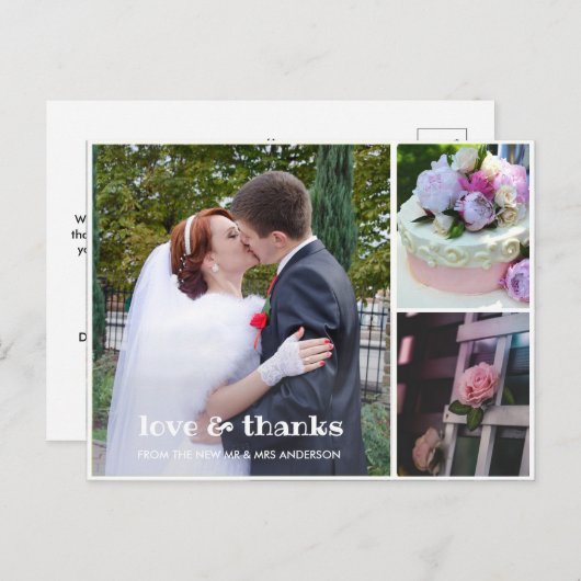 3 Fotocollage bruiloft Dank u Briefkaart (Voorkant / Achterkant)
