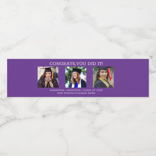 3 Fotocollage Congrats 20XX Afstuderen Paarse Waterfles Etiket (Enkel label)