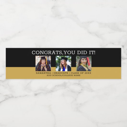 3 Fotocollage Congrats Afstudeerder zwart en goud Waterfles Etiket (Enkel label)