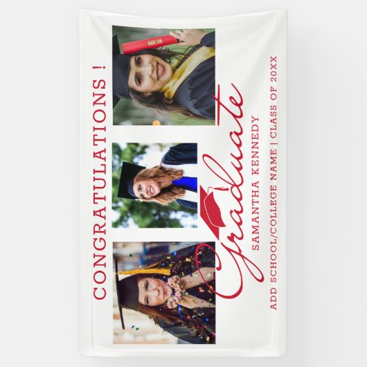 3 Fotocollage Gefeliciteerd Afstuderen rood wit Spandoek (Verticaal)