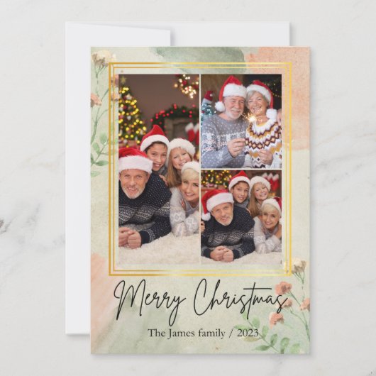 3 fotocollage  groen gouden kerst feestdagenkaart (Voorkant)