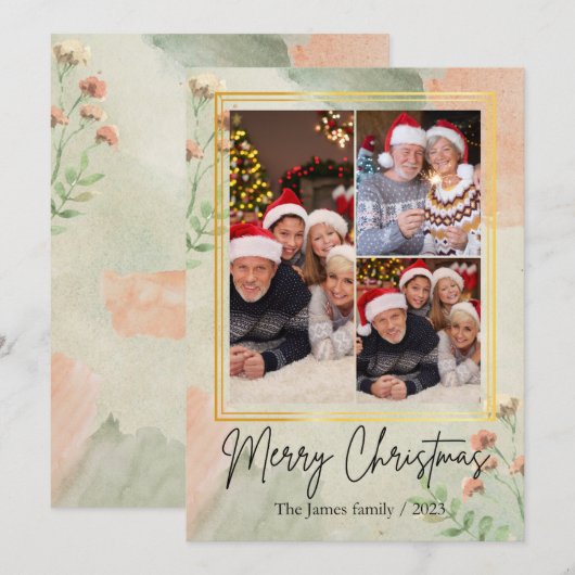 3 fotocollage  groen gouden kerst feestdagenkaart (Voorkant / Achterkant)