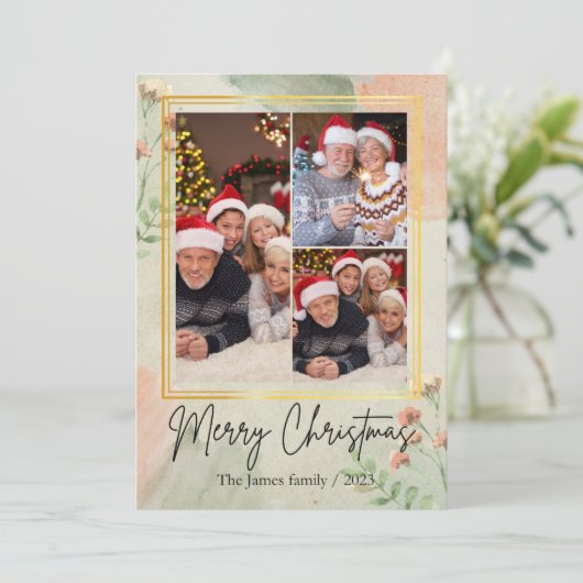 3 fotocollage  groen gouden kerst feestdagenkaart (Staand voorkant)