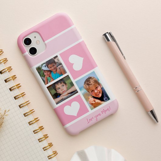 3 Fotocollage Love You Mom Heart Modern Pink Case-Mate iPhone Case