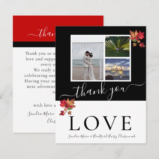 3 Fotocollage modern zwart wit herfstbladeren Bedankkaart (Voorkant / Achterkant)