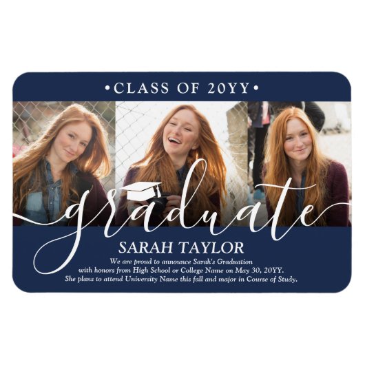 3 Fotocollage Navy Blue Afstuderen Aankondiging Magneet (Horizontaal)
