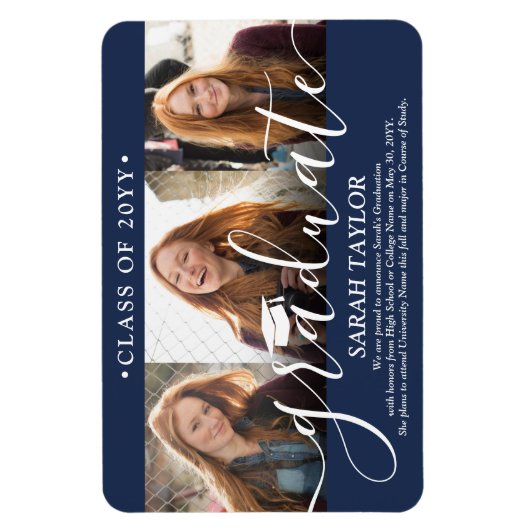 3 Fotocollage Navy Blue Afstuderen Aankondiging Magneet (Verticaal)